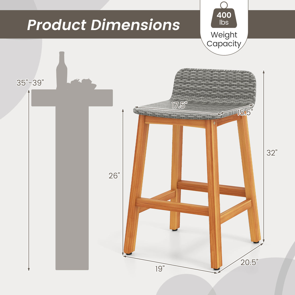 Acacia Wood Bar Stools Set of 2 with Backrests & Footrests – Gray