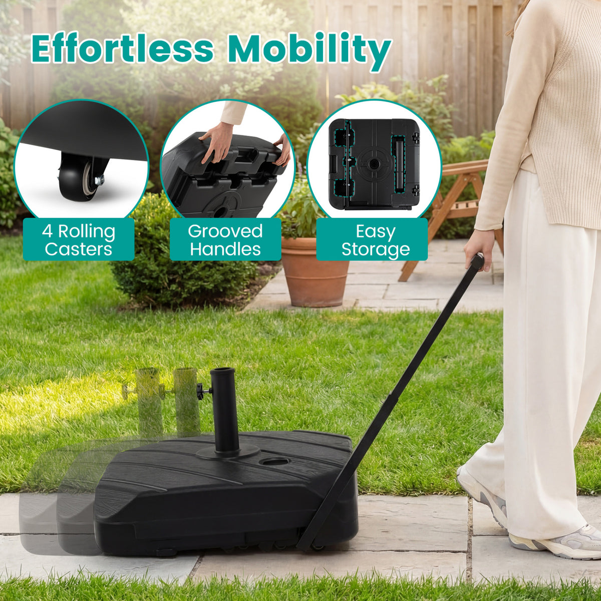 211 LBS Fillable Patio Umbrella Base with Wheels and Telescopic Pull