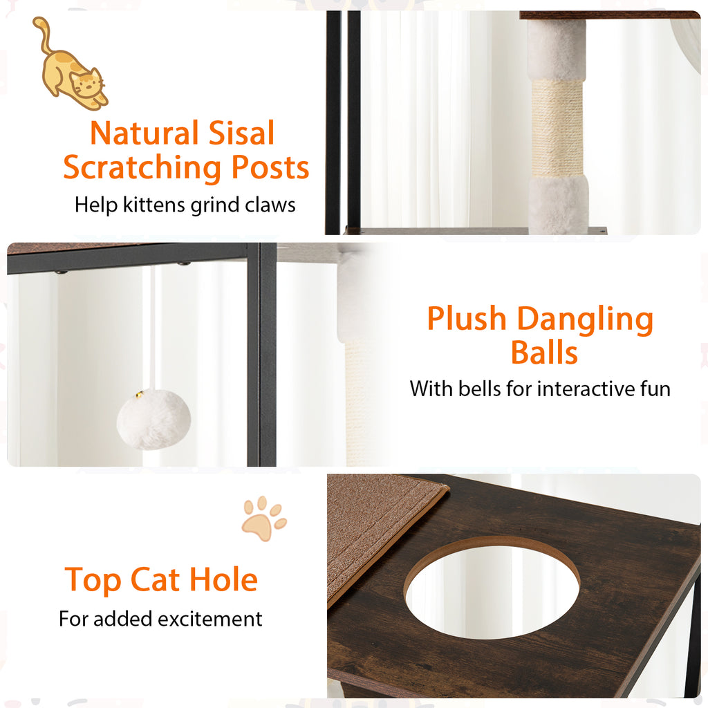Wooden Cat Tree Tower with 2 Condos & Cushions - Style 2, Coffee