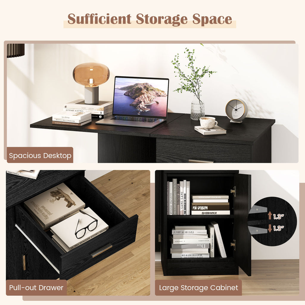 Folding Computer Desk with Drawer & Cabinet - Black