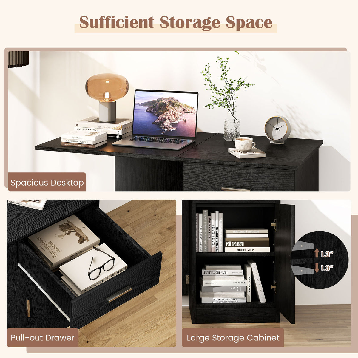 Folding Computer Desk with Drawer & Cabinet - Black
