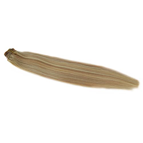 Human Hair Clip in Extensions Black Brown Blonde Straight 18 20 22" 100gm (22, 12/613-Light brown highlighted with light blonde)