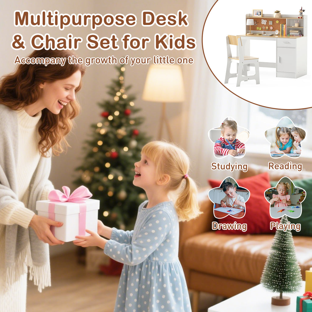 Activity Kids Table and Chair Set - Natural Kids Study Desk & Chair with Shelves & Bulletin Board