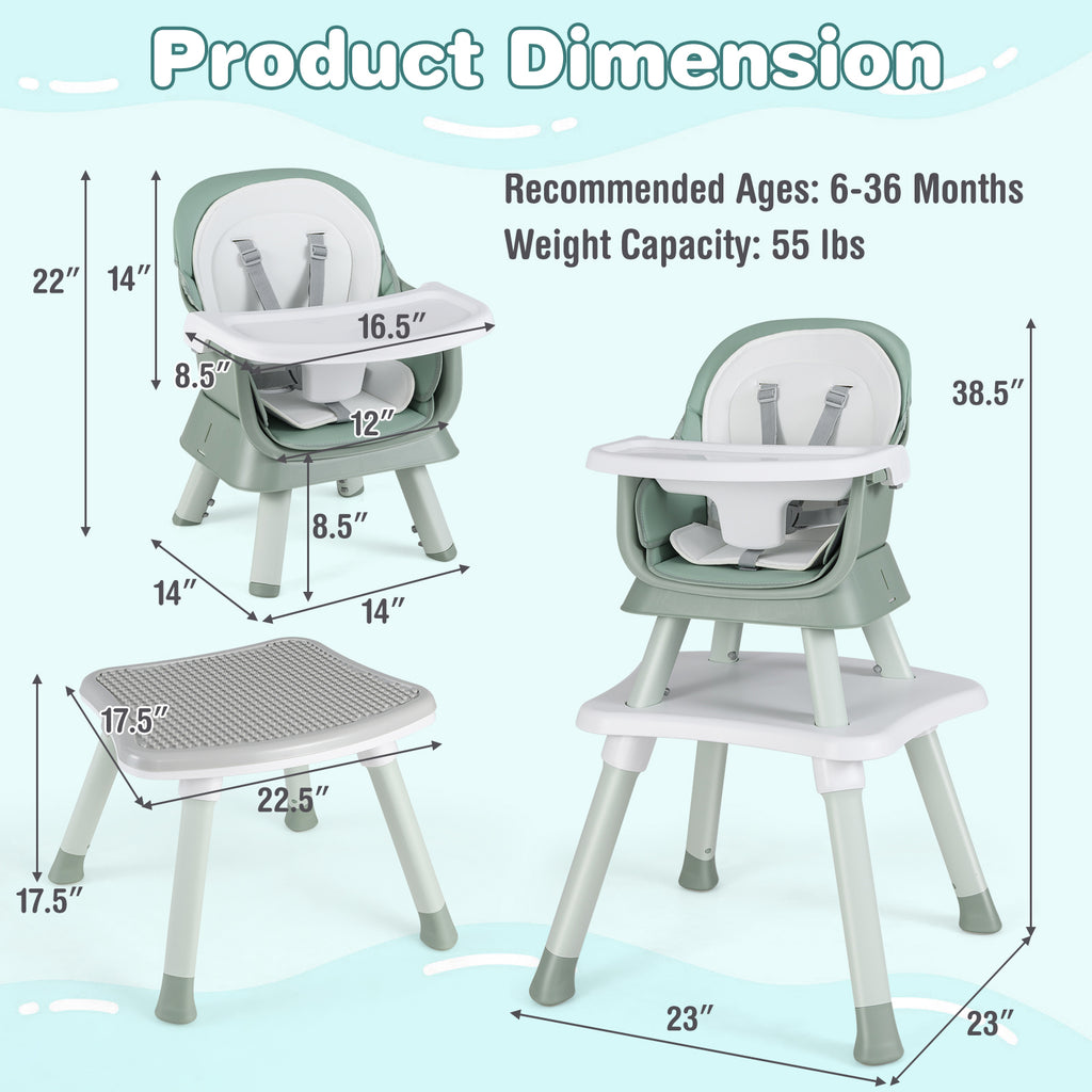 Green 8-in-1 Convertible Baby High Chair with Adjustable Removable Tray