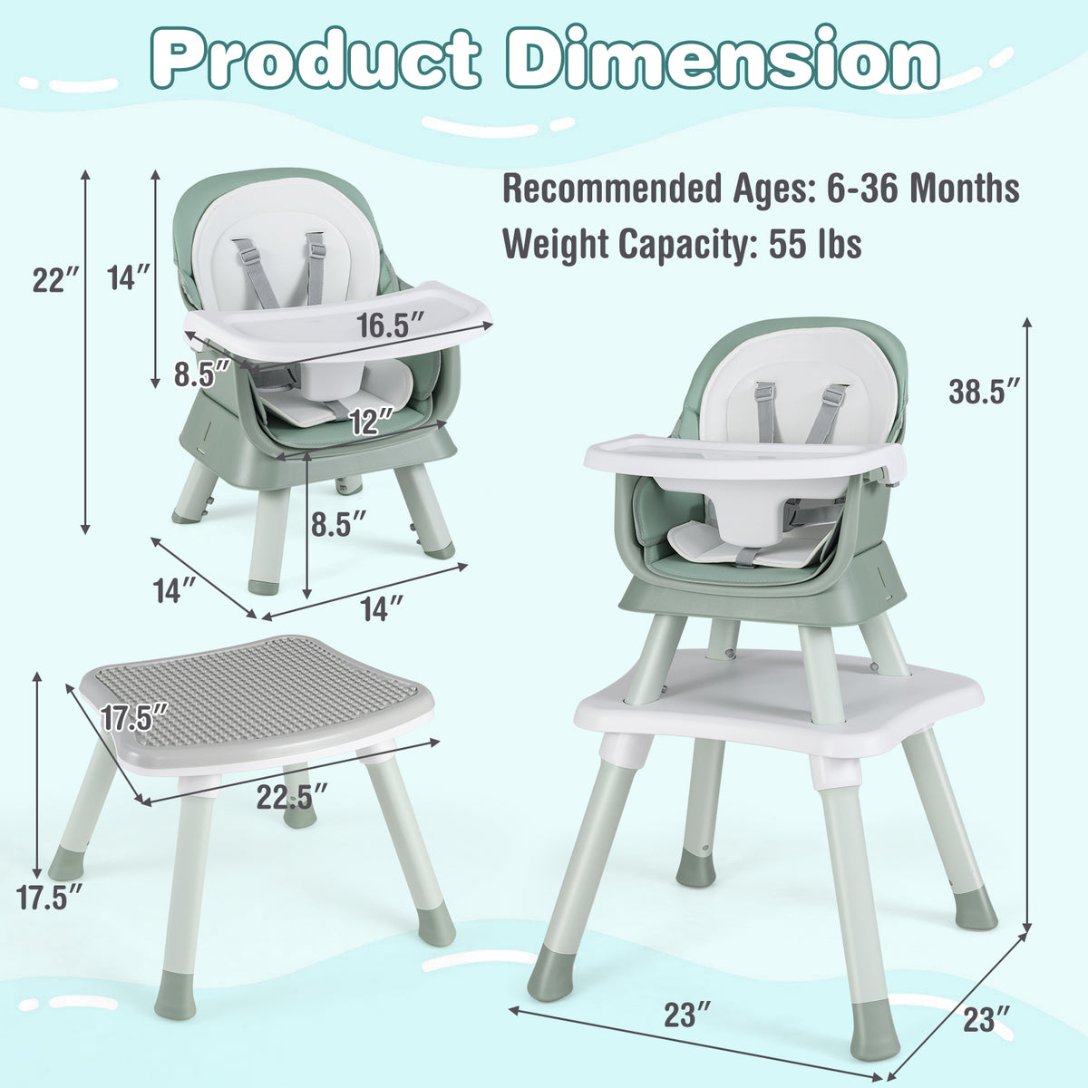 Green 8-in-1 Convertible Baby High Chair with Adjustable Removable Tray