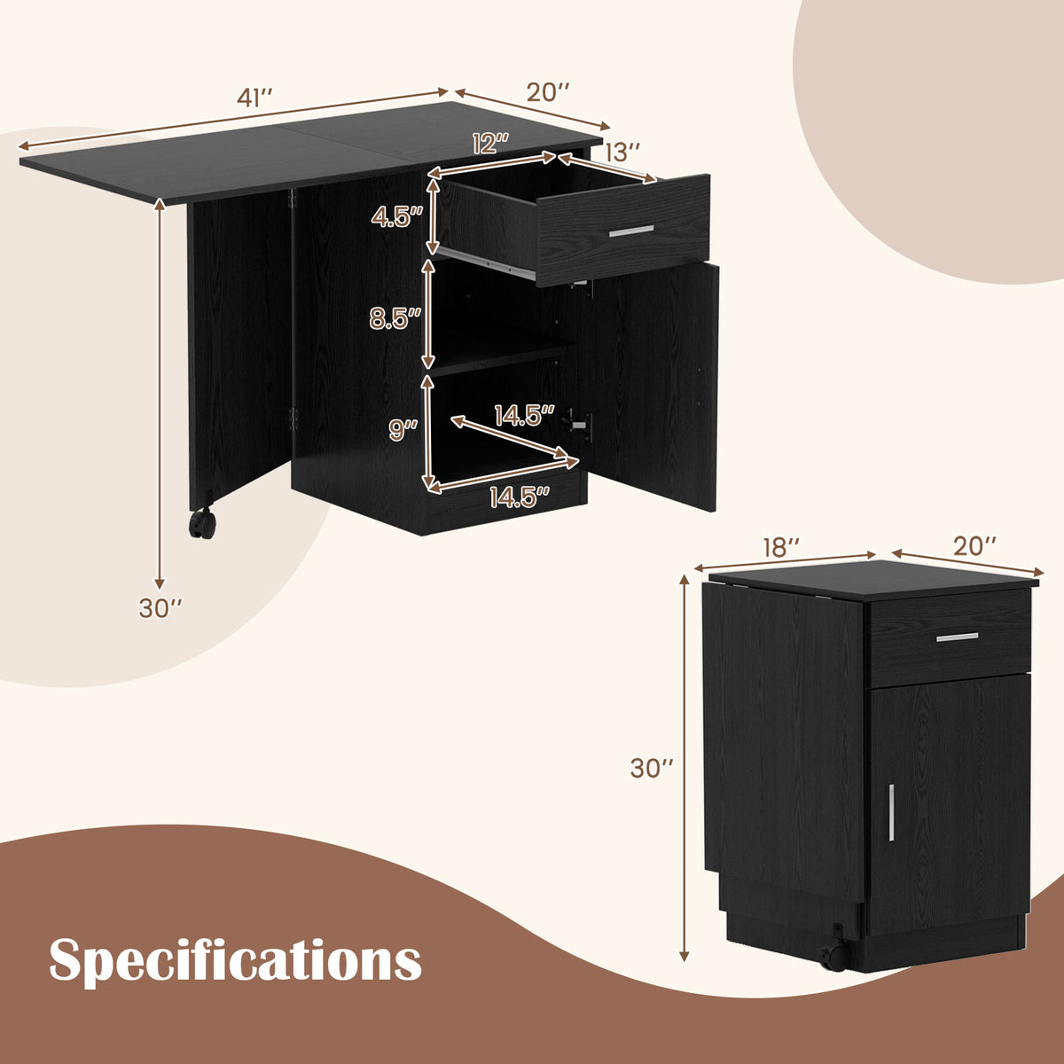 Folding Computer Desk with Drawer & Cabinet - Black