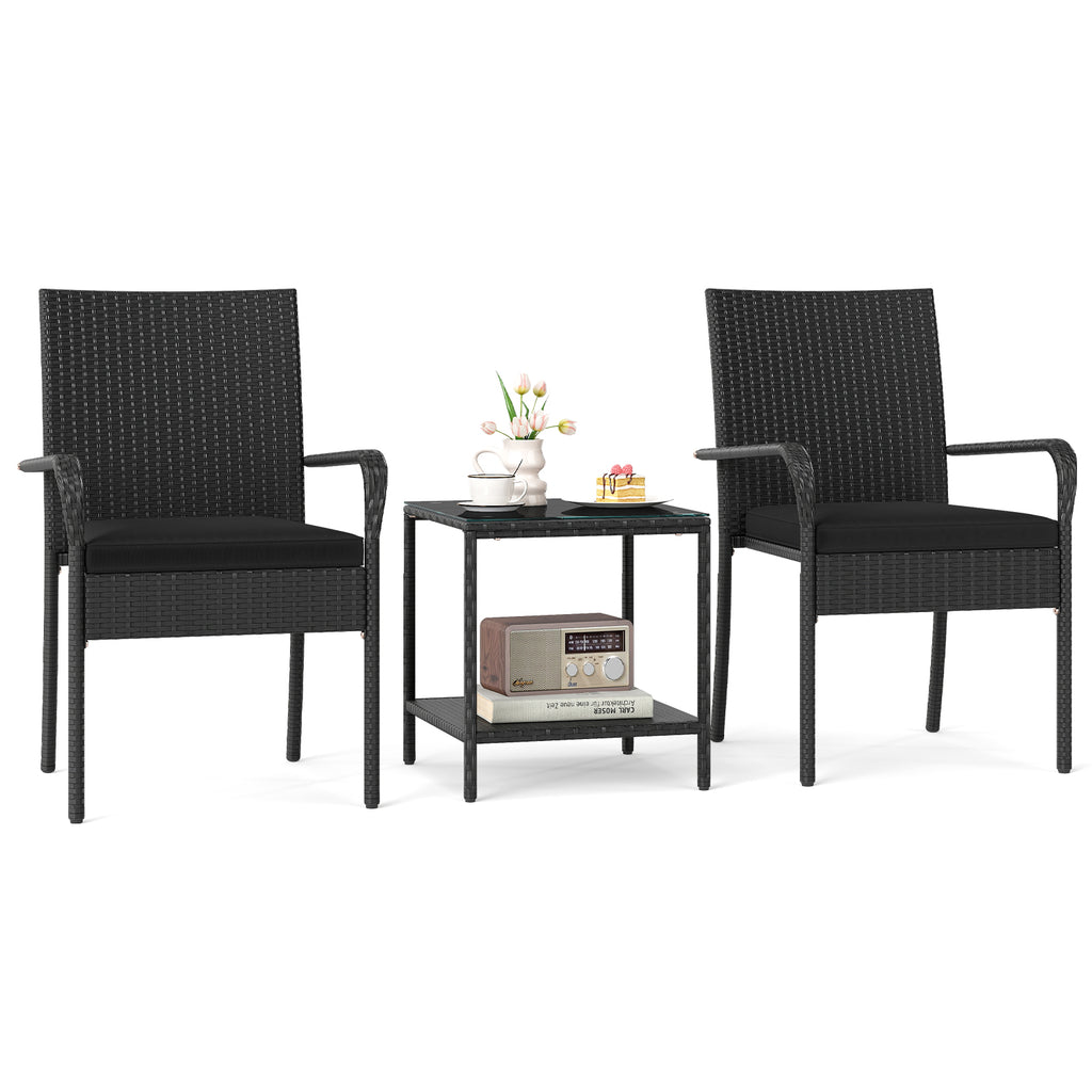 3 Piece Patio Furniture Set with Seat Cushions and Tempered Glass