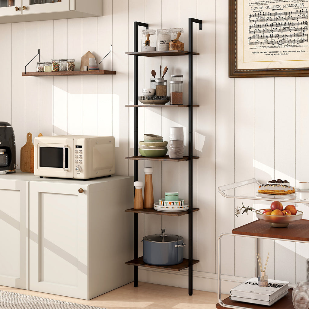 5-Tier Wall Mount Ladder Shelf - Rustic Brown