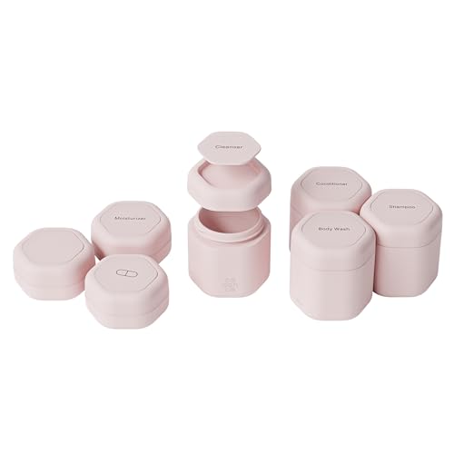 Cadence Travel Containers - Daily Routine Capsule Set - Magnetic Containers with Lids,4 Flex Mediums (1.32oz) & 3 Flex Smalls (0.56oz) - Shampoo, Conditioner, Body Wash, Pills, & More - Petal