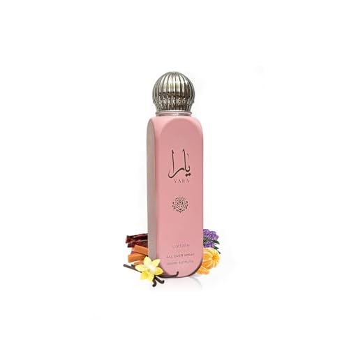 Lattafa Yara All Over Spray 150ml (5.07 oz) ? Floral Scent for Women | Tangerine, Heliotrope, Gourmand Accord & Sandalwood | Long-Lasting Fragrance for Body, Hair & Clothes