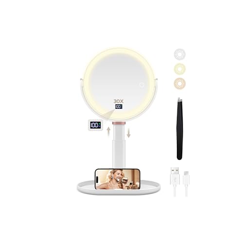 MIYADIVA Makeup Mirror with Lights, 30X/1X Magnifying Mirror with Digital Display, Height Adjustable Desk Mirror, Detachable for Travel, Vanity Mirror with Phone Holders and Tweezers, Gifts for Women