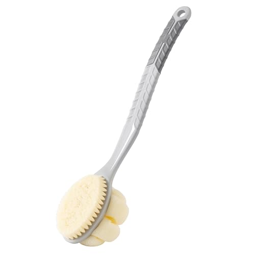 Shower Body Brush with Bristles and Large Pumpkin Loofah,Back Scrubber Bath Mesh Sponge with Anti-Slip Curved Long Handle for Skin Exfoliating,Massage Bristles for Wet or Dry,Men Women (Grey)