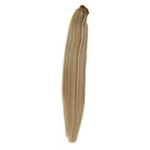 Human Hair Clip in Extensions Black Brown Blonde Straight 18 20 22" 100gm (22, 12/613-Light brown highlighted with light blonde)