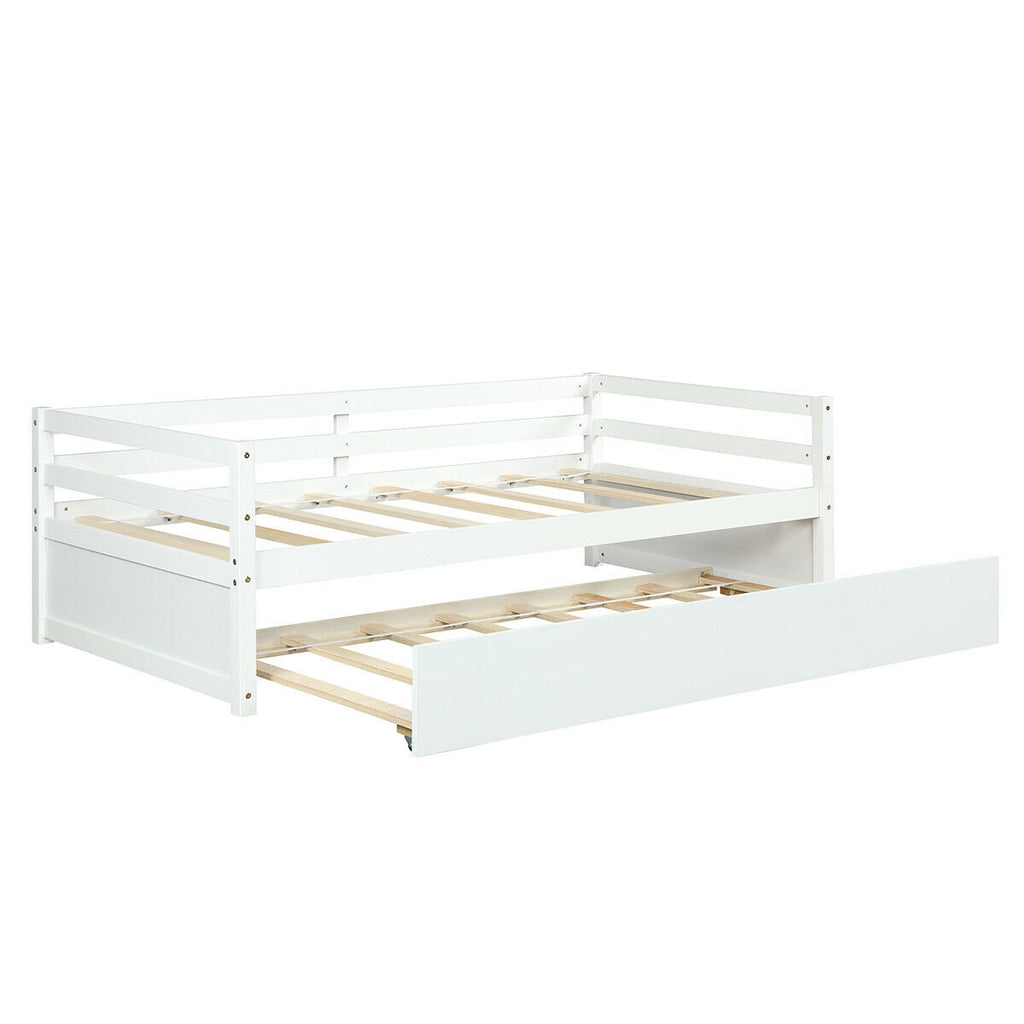 Twin Size Trundle Bed Frame with Wood Slat Support - White