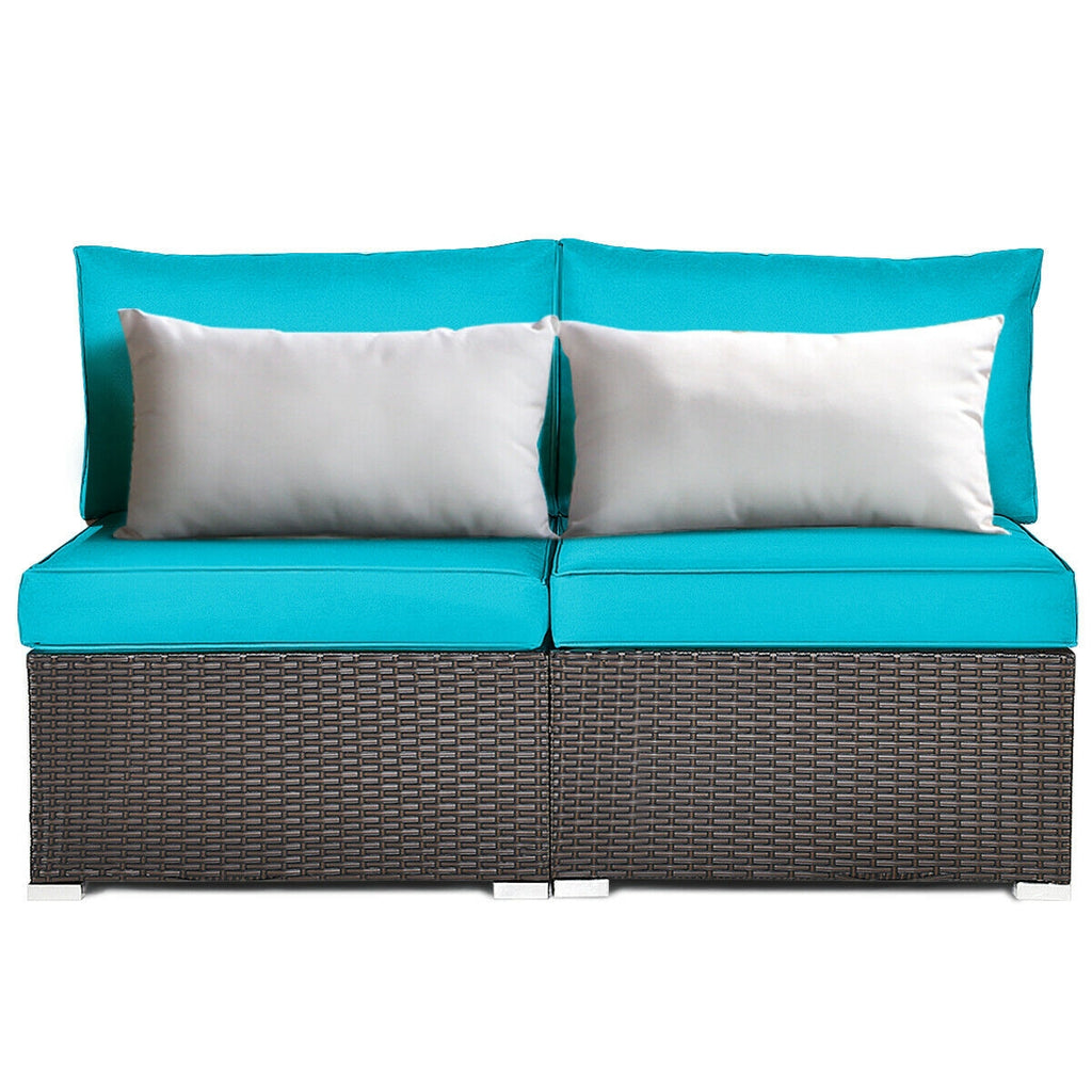 2 Pieces Patio Rattan Armless Sofa Set with Cushions and Pillows