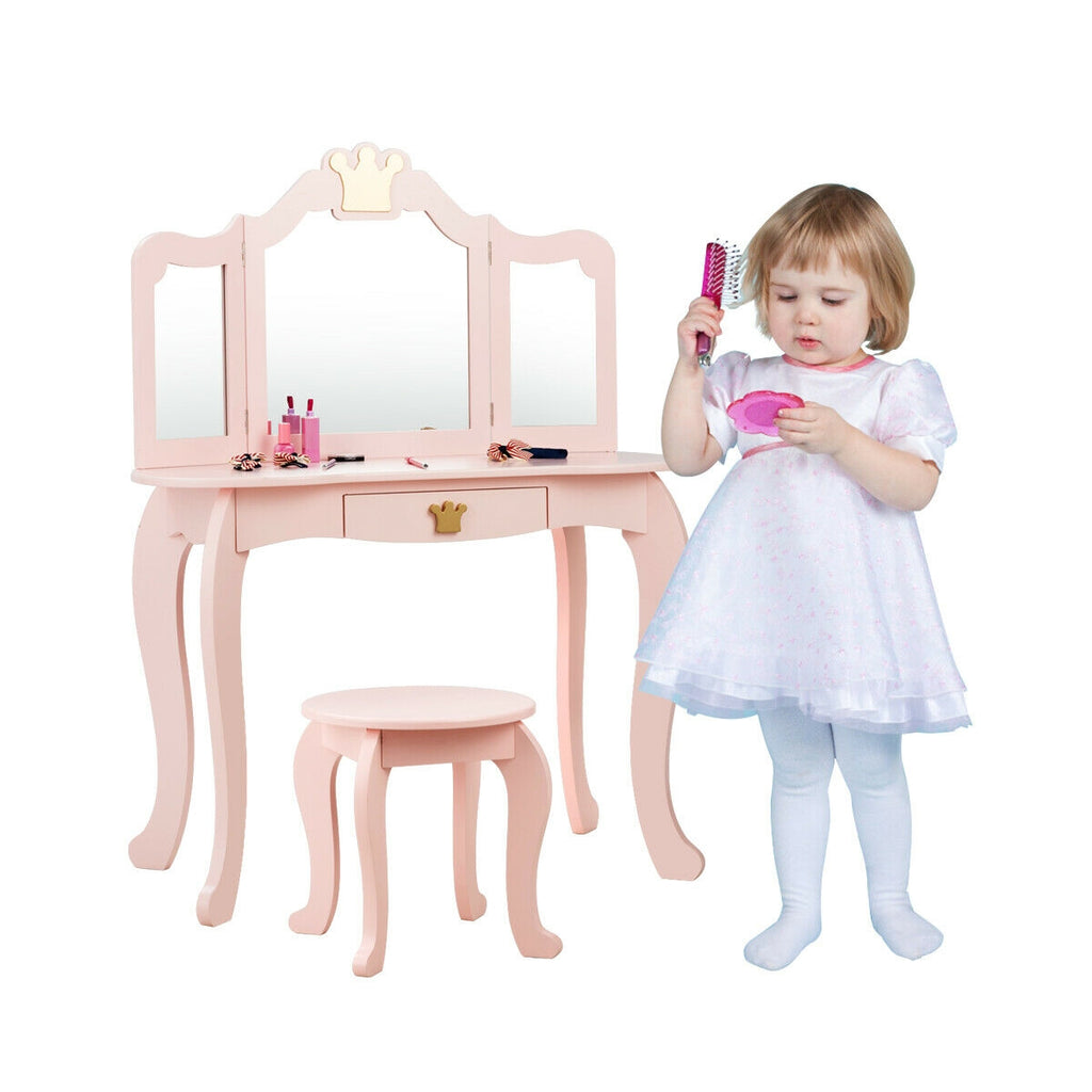 Kids Makeup Dressing Table with Tri-Fold Mirror & Stool - Pink - Costway