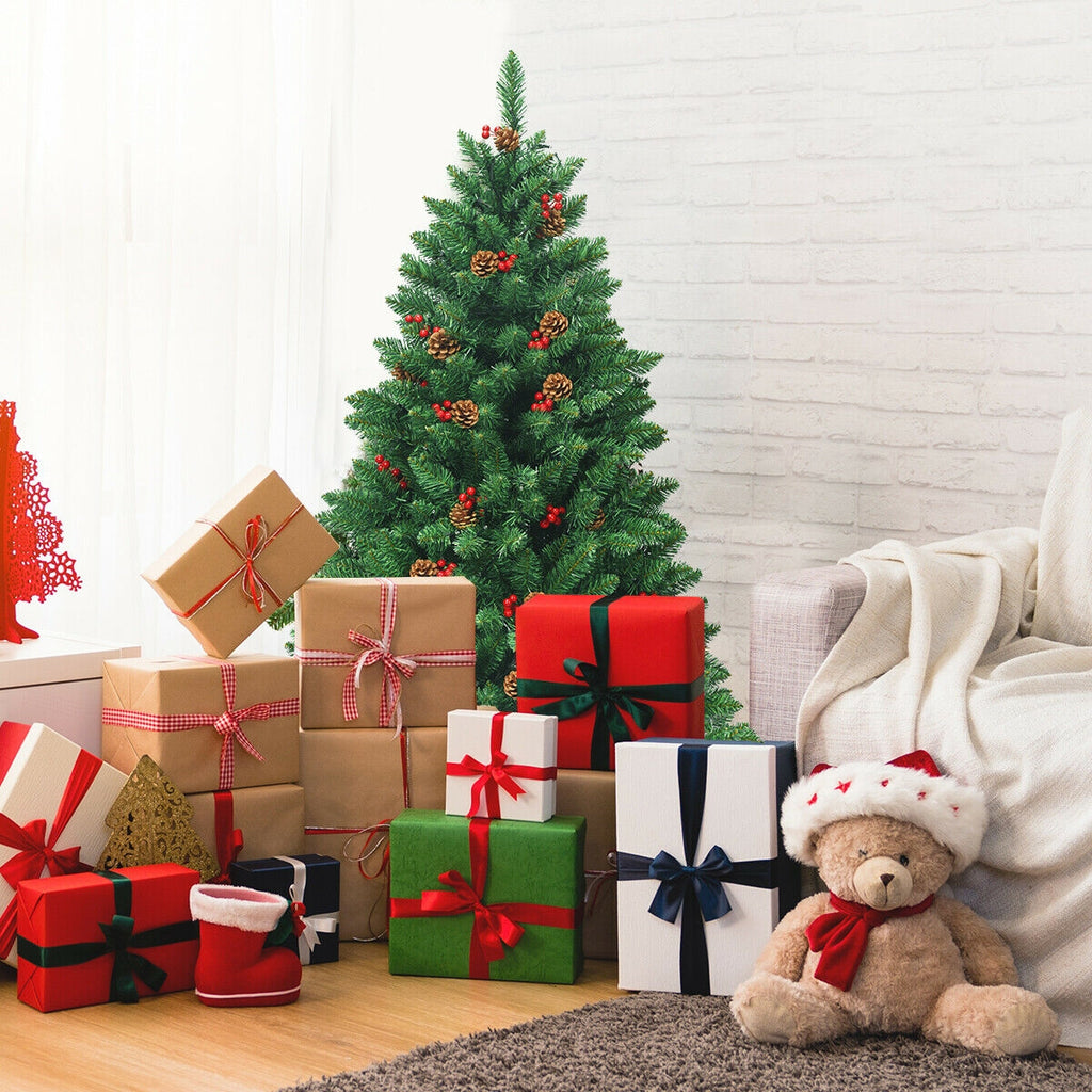 4.5 Feet Pre-Lit Hinged Christmas Tree with 300 LED Lights and Pine Cone Decor