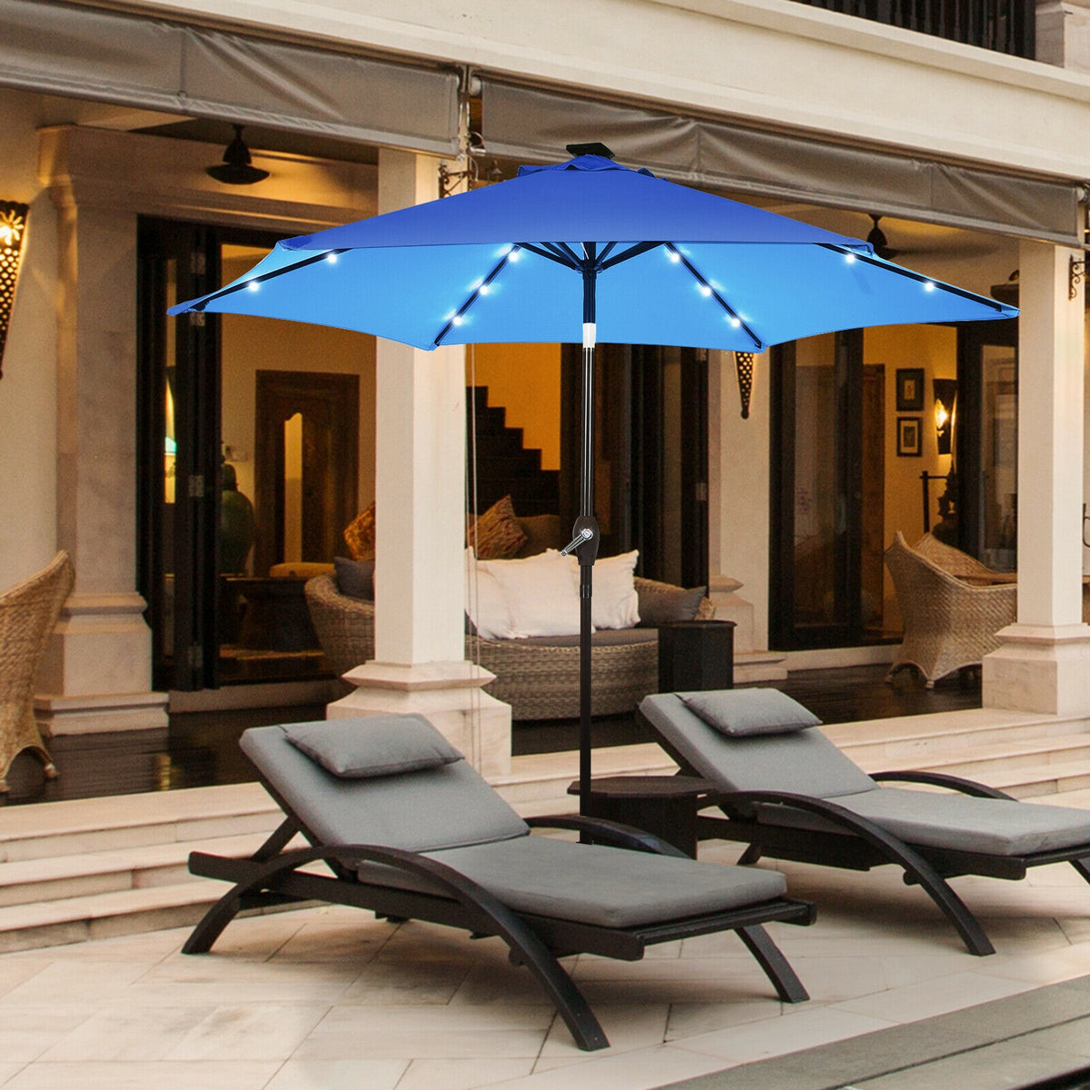9x8 Solar LED Market Umbrella with Tilt - 18 Lights, Blue