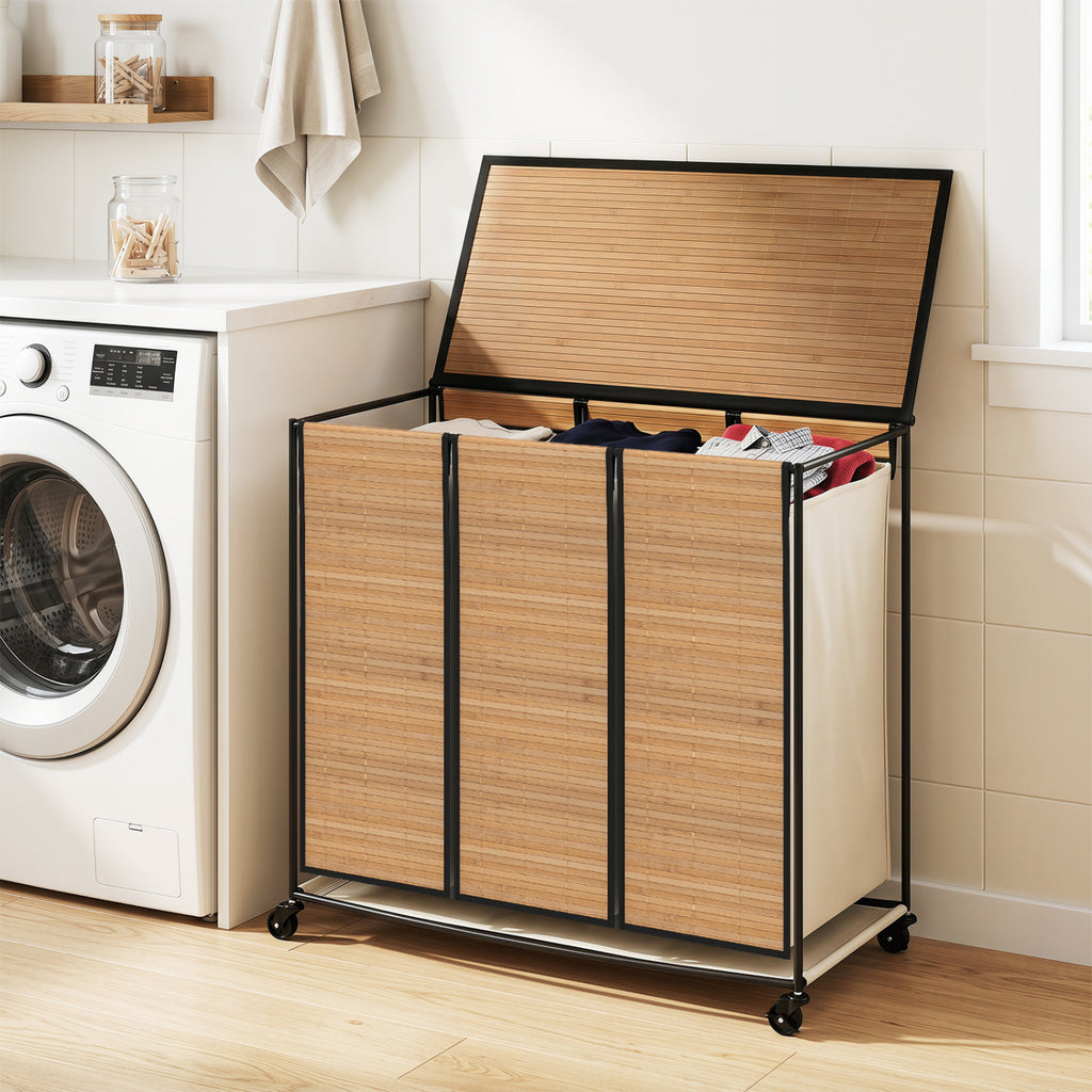 21.4 Gal Bamboo Laundry Hamper with 3 Sections - Natural