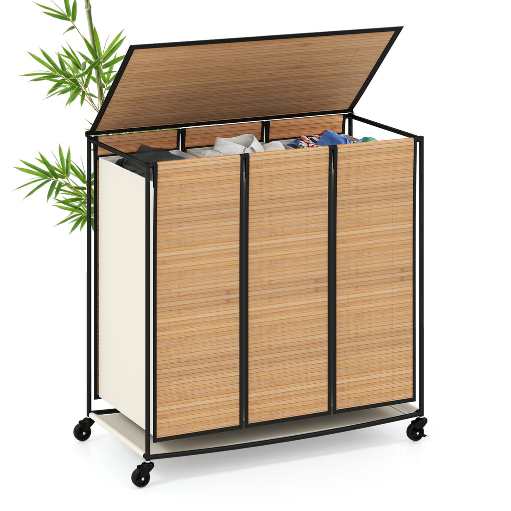21.4 Gal Bamboo Laundry Hamper with 3 Sections - Natural