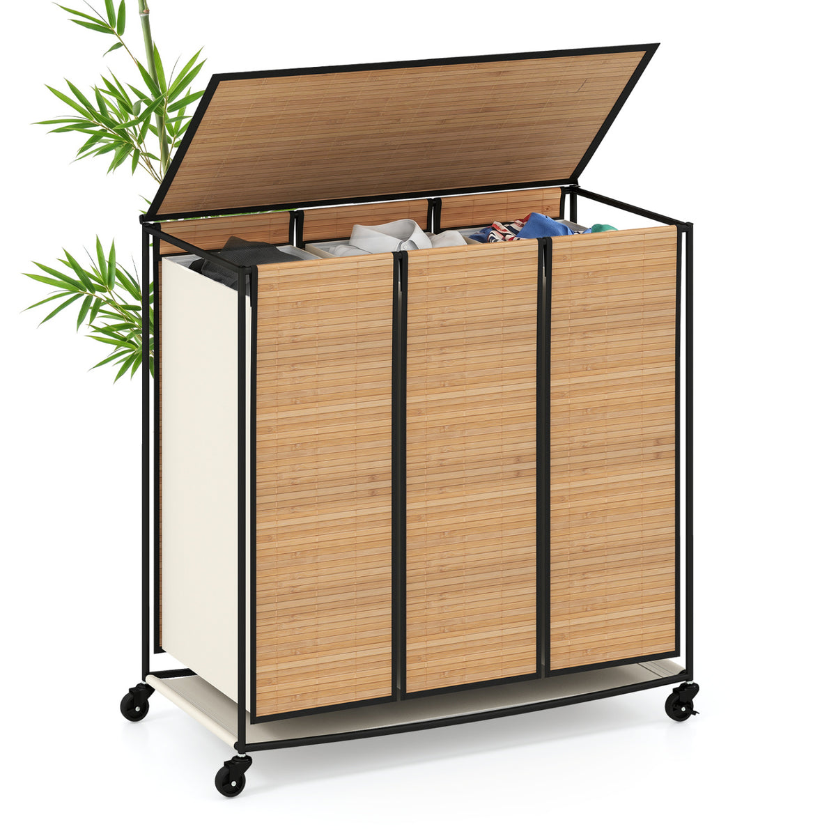 21.4 Gal Bamboo Laundry Hamper with 3 Sections - Natural