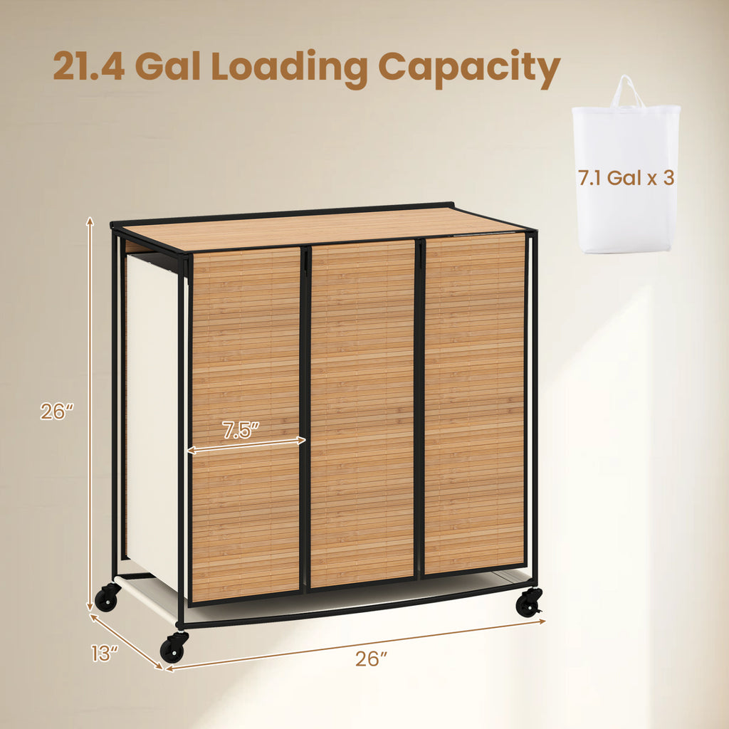 21.4 Gal Bamboo Laundry Hamper with 3 Sections - Natural