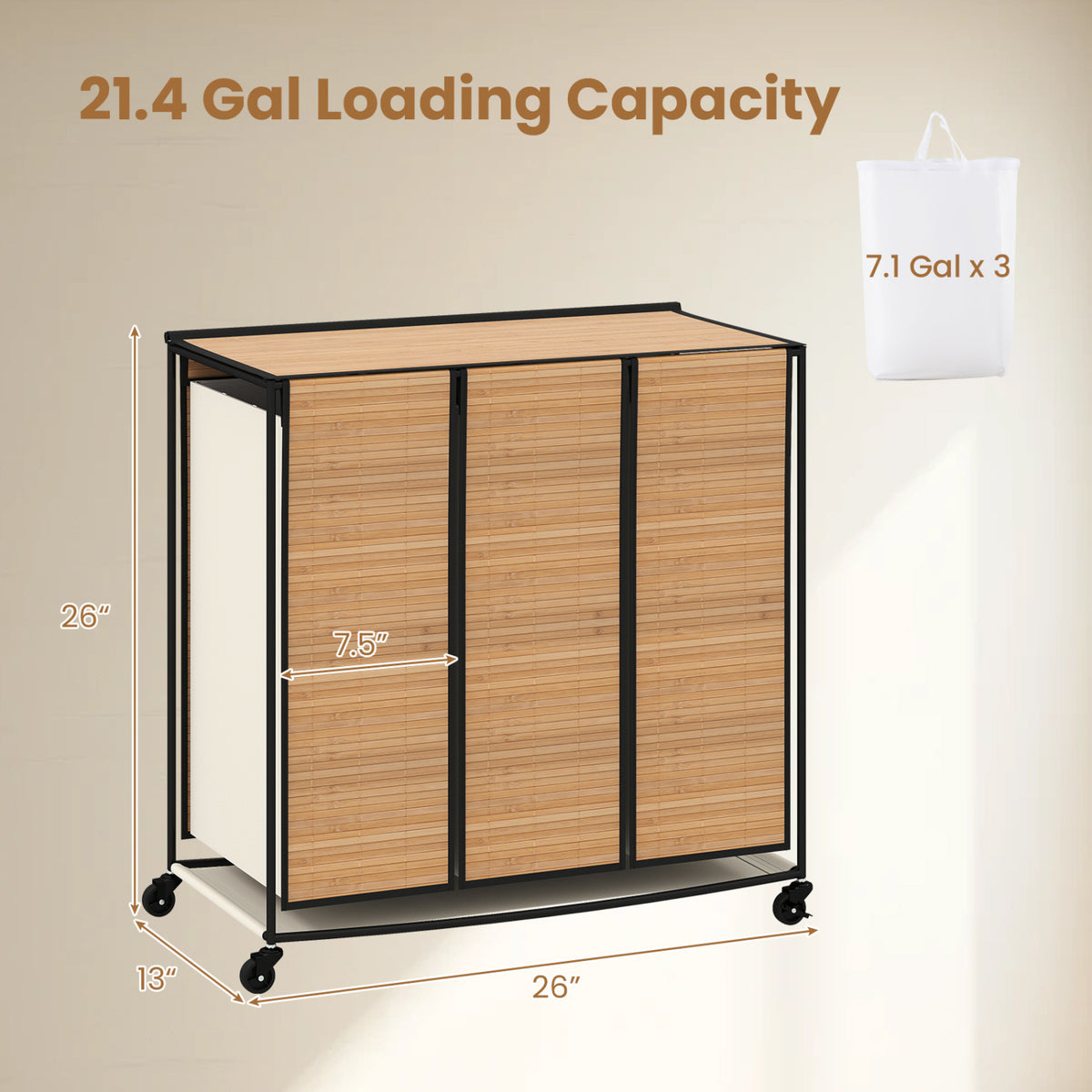 21.4 Gal Bamboo Laundry Hamper with 3 Sections - Natural