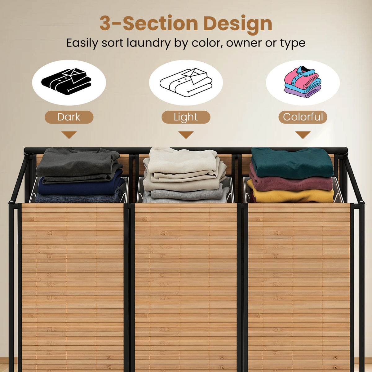 21.4 Gal Bamboo Laundry Hamper with 3 Sections - Natural