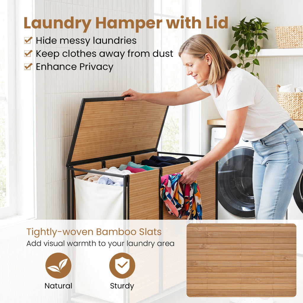 21.4 Gal Bamboo Laundry Hamper with 3 Sections - Natural