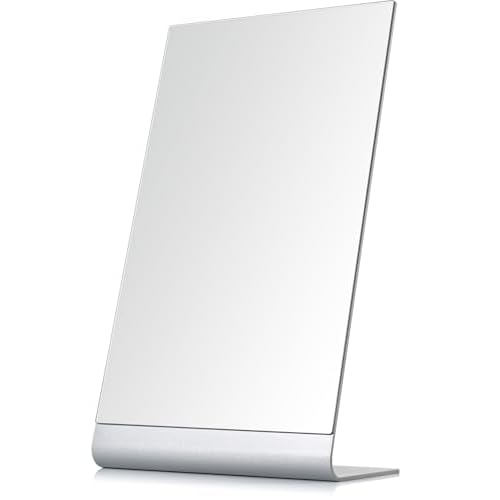 Frameless Makeup Mirror for Desk, 15 Inch Aluminum Standing Table Mirror, Large Counter Top Mirror