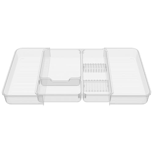 Expandable Drawer Organizer Tray from 11¡± to 19.1¡±, Adjustable Silverware in Drawer Holder, Clear Plastic Drawer Storage with Sliding Dividers for Utensil, Cosmetics, Toiletries, Offices