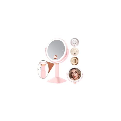 Lighted Makeup Mirror with Lights and Magnification 30X/1X, Height Adjustable 30X Magnifying Vanity Mirror with 4000mAh Battery & 3 Colors Dimming Light for Desktop Bathroom Bedroom (Pink)