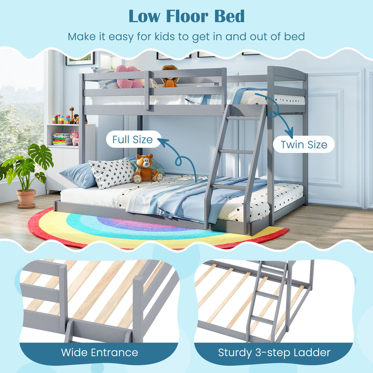 Twin Over Full Bunk Bed Low Floor Pine Wood - Gray