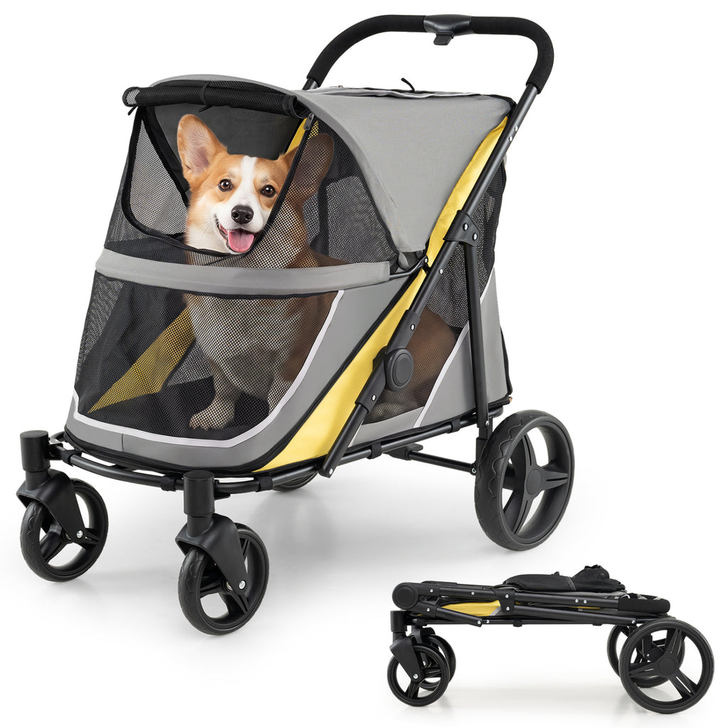 Heavy Duty Dog Stroller for Large Medium Dogs Foldable with 2 Zippered Doors & 3 Windows - Yellow Variation