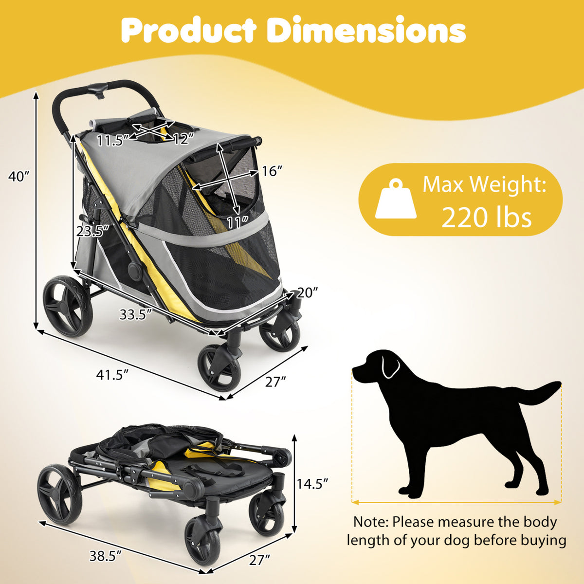 Heavy Duty Dog Stroller for Large Medium Dogs Foldable with 2 Zippered Doors & 3 Windows - Yellow Variation