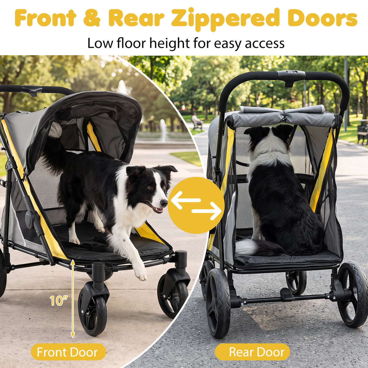 Heavy Duty Dog Stroller for Large Medium Dogs Foldable with 2 Zippered Doors & 3 Windows - Yellow Variation