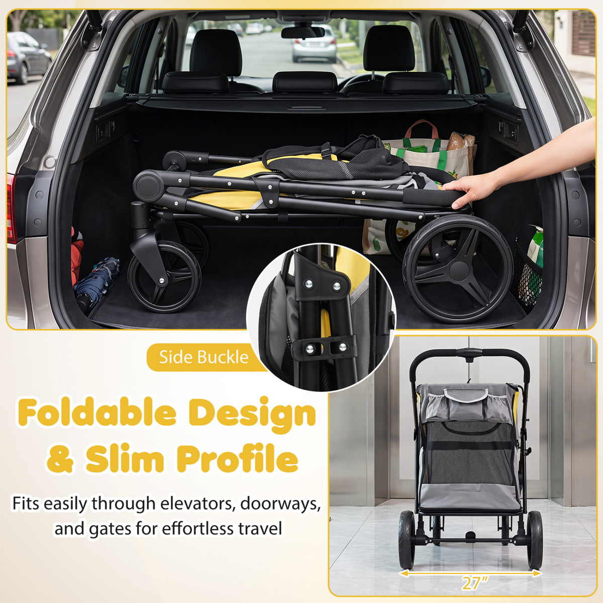 Heavy Duty Dog Stroller for Large Medium Dogs Foldable with 2 Zippered Doors & 3 Windows - Yellow Variation