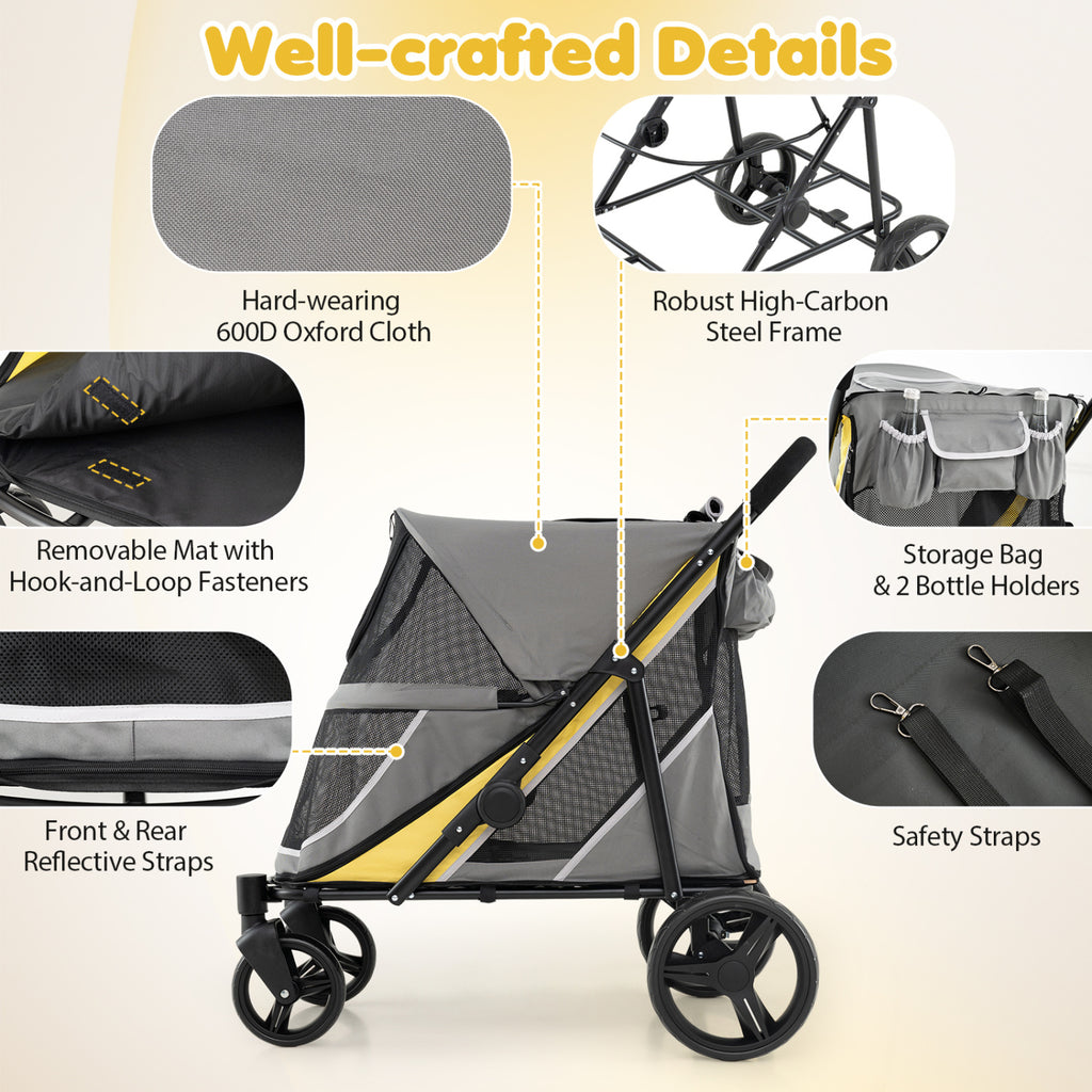 Heavy Duty Dog Stroller for Large Medium Dogs Foldable with 2 Zippered Doors & 3 Windows - Yellow Variation