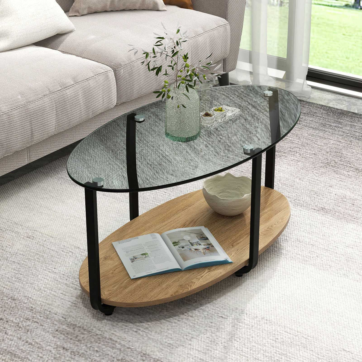 2-Tier Glass Coffee Table with Wooden Shelf