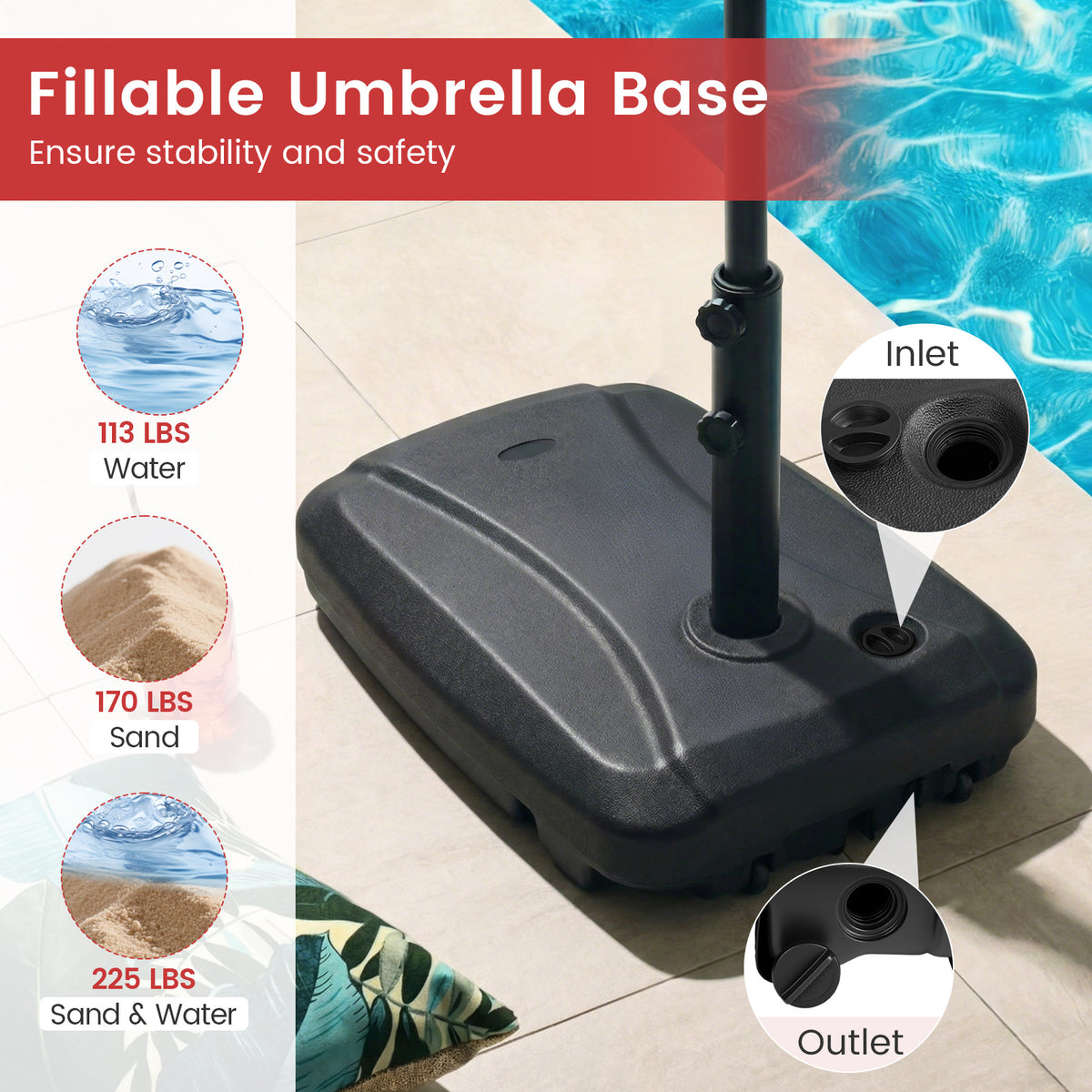 225 LBS Cantilever Patio Umbrella Base with Wheels and Crossed