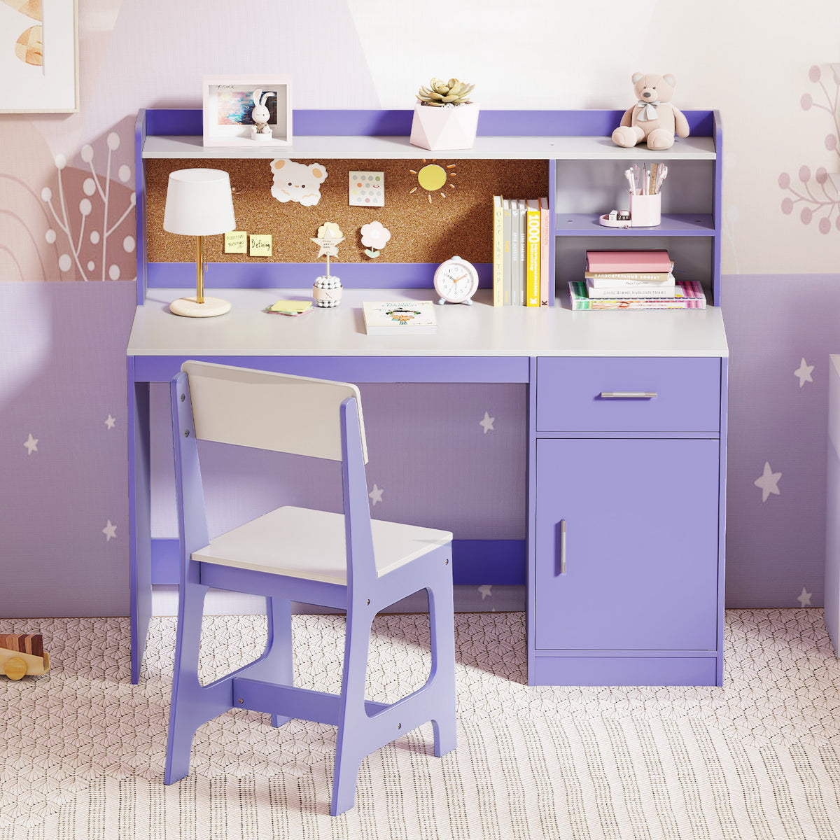 Kids Activity Study Desk and Chair Set, Purple - Childrens Learning Table with Shelves & Cork Board