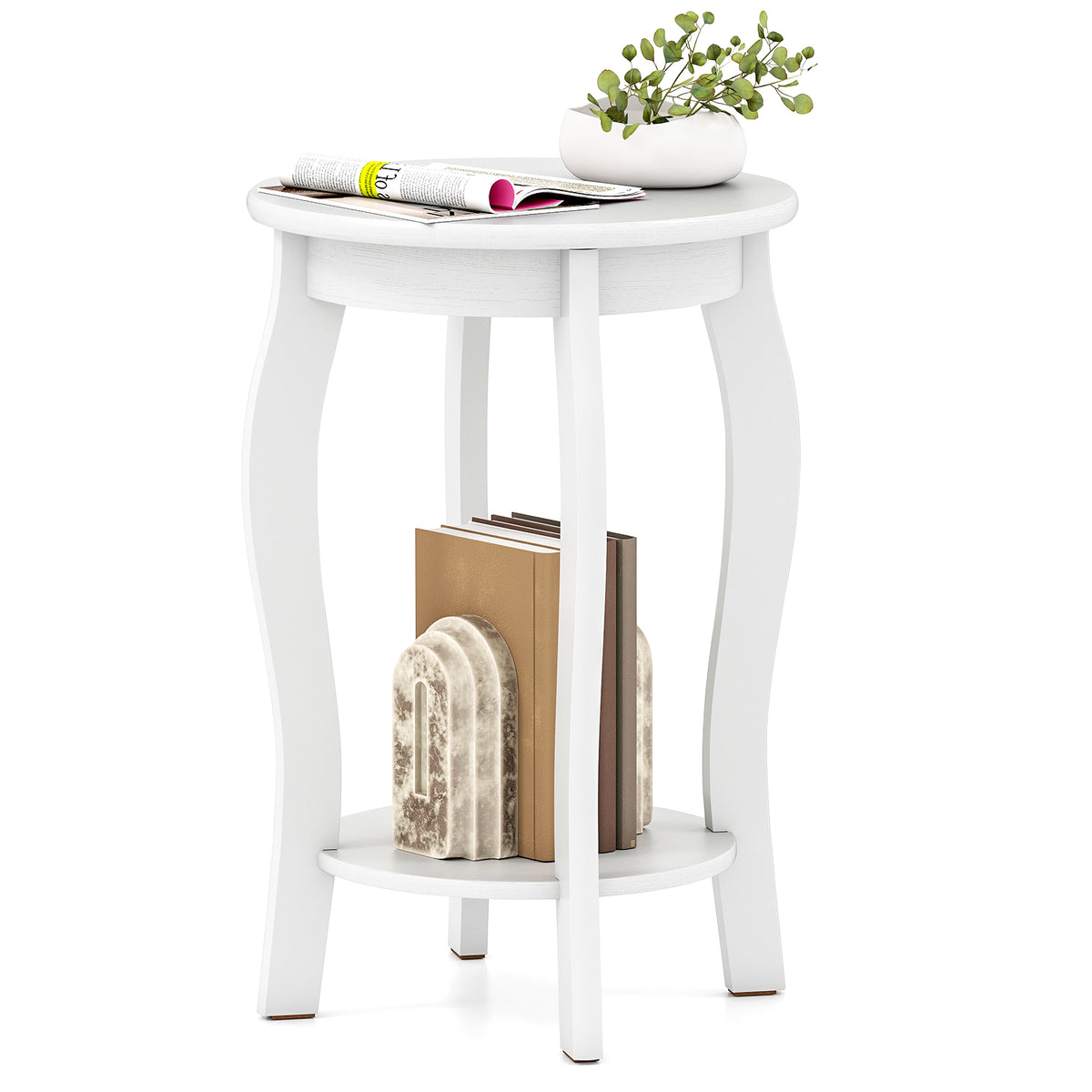 15 Inch Round End Table with Storage Shelf - White