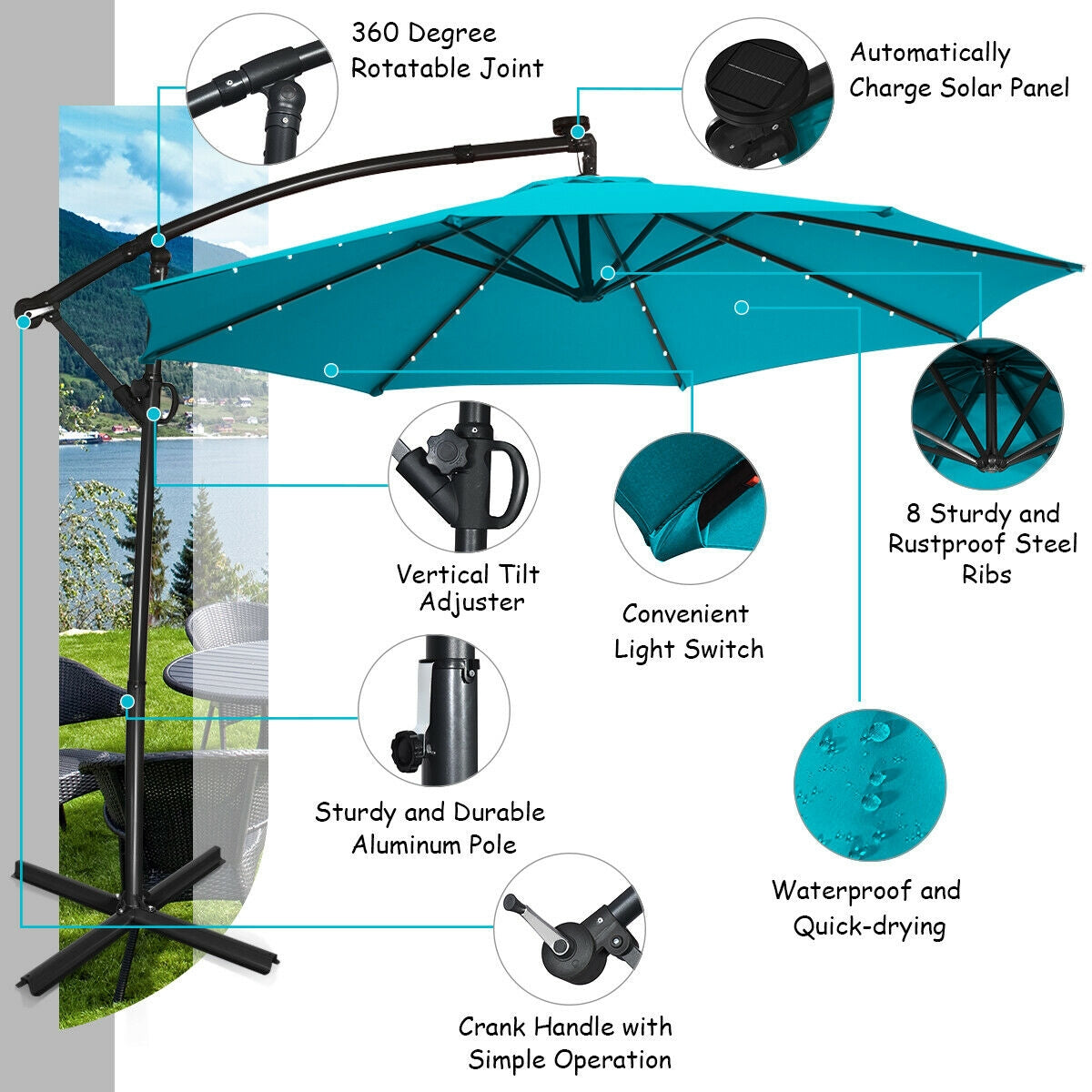 10 x 8 Feet Solar LED Patio Umbrella with 360° Rotation, Turquoise