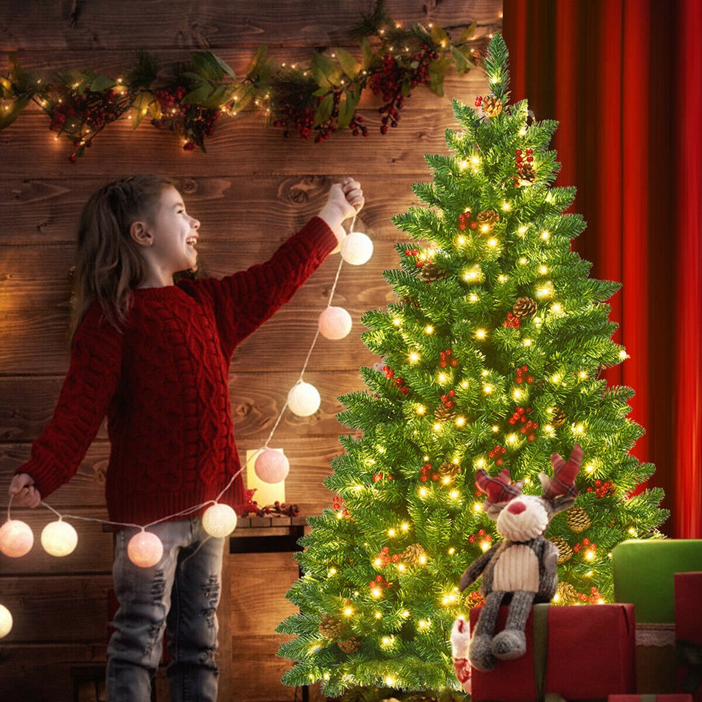 4.5 Feet Pre-Lit Hinged Christmas Tree with 300 LED Lights and Pine Cone Decor