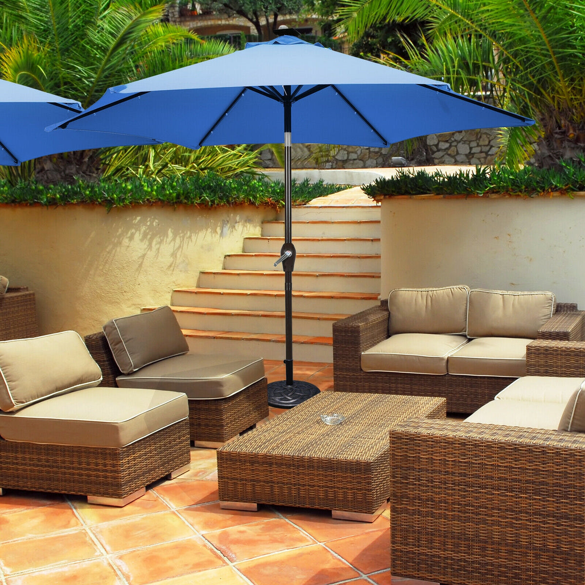 9x8 Solar LED Market Umbrella with Tilt - 18 Lights, Blue