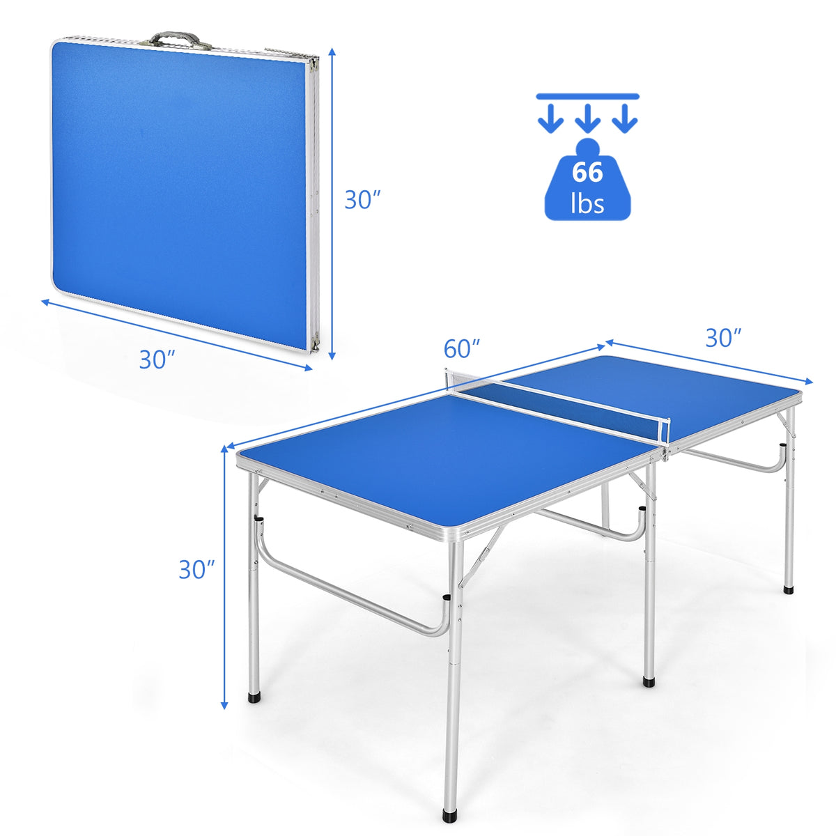 Foldable 60 Inch Portable Ping Pong Table with Accessories - Blue