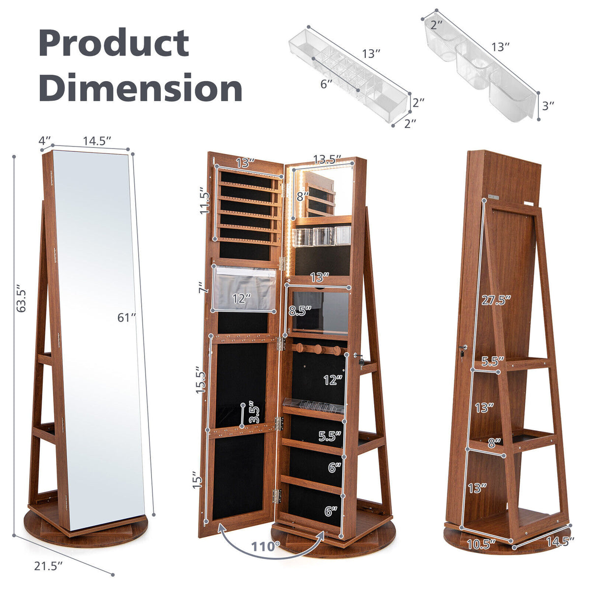 360° Rotating Jewelry Cabinet Armoire with LED Mirror - Dark Brown