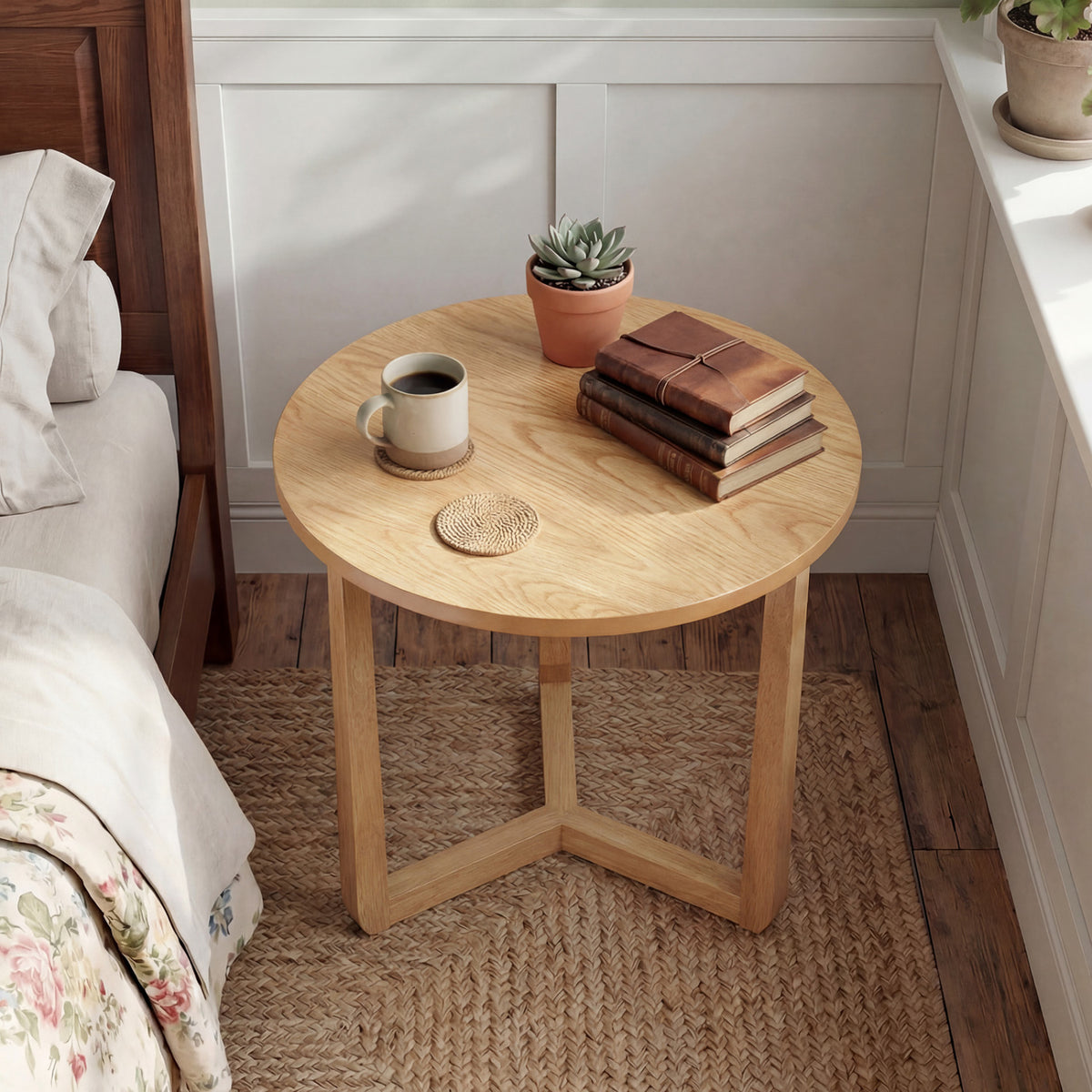 Round Side Table Farmhouse End Table Natural - Rubber Wood