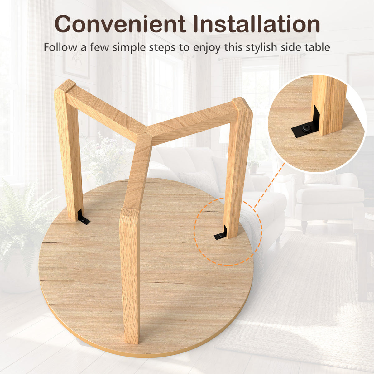 Round Side Table Farmhouse End Table Natural - Rubber Wood