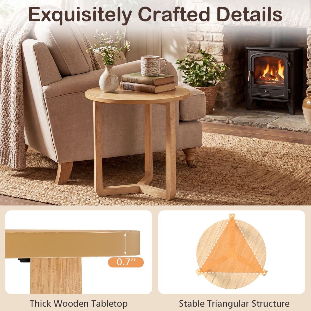 Round Side Table Farmhouse End Table Natural - Rubber Wood